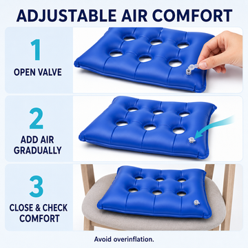 Three-step inflation guide for air cushion: open valve, add air gradually, close and check comfort