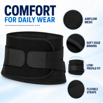 Material details of lower back belt showing airflow mesh, soft edge binding, low-profile fit, and flexible straps