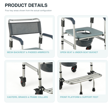 Product details graphic: mesh backrest, padded armrests, open seat with under-seat bucket, casters, and support feet