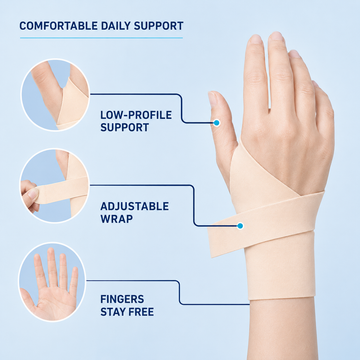 Wrist strap features highlighting low-profile support, adjustable wrap, and free-finger mobility