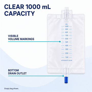 Transparent 1000 ml urine drainage bag showing clear volume measurement markings and bottom drain valve