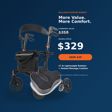 DeepTireh Rollator Comfort Bundle promotional banner showing combined price discount from $358 to $329, saving $29 on the rollator and heated massage cushion bundle.