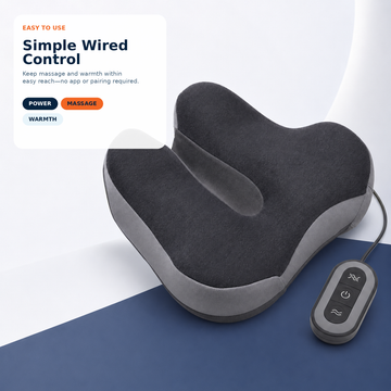 Handheld wired remote control with power, massage, and heat buttons for the DeepTireh seat cushion.