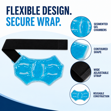 Detailed features of ankle gel wrap showing segmented gel chambers, contoured shape, wide adjustable strap, and reusable construction