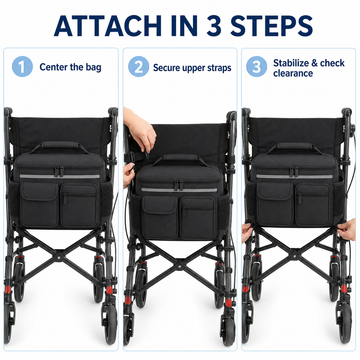 Three-step guide for attaching storage bag to walker: center the bag, secure upper straps, and check clearance