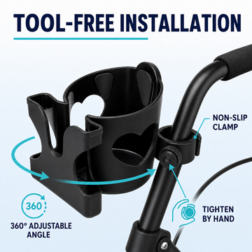 Tool-free installation feature showing 360-degree adjustable angle clamp tightening by hand
