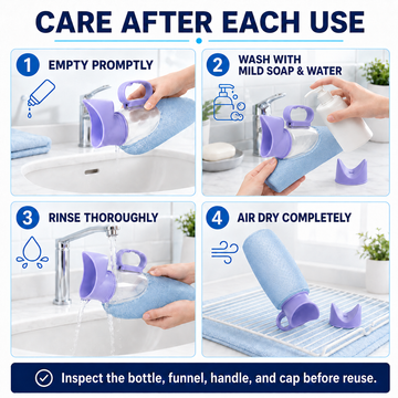 Care instructions for female urinal bottle: empty promptly, wash with mild soap and water, rinse thoroughly, and air dry completely