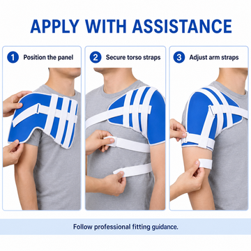 Three-step guide for applying shoulder support with assistance: position panel, secure torso straps, and adjust arm straps