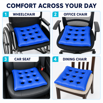 Demonstration of inflatable seat cushion used on wheelchair, office chair, car seat, and dining chair