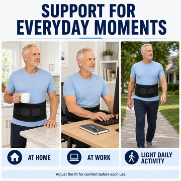 Demonstration of back support brace used at home, at work, and during light daily activities