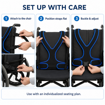 Three-step guide for attaching positioning harness to wheelchair: attach to chair, position flat, and buckle