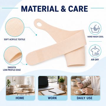 Material and care guide showing soft elastic fabric, hand wash cool instructions, and daily use scenarios