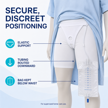 Diagram showing discreet positioning of male urinal brief, downward routed tubing, and leg-mounted drainage bag under hospital gown