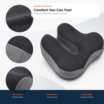 Close-up details of soft-touch textured fabric, reinforced stitched seams, and contoured memory foam support on the DeepTireh seat cushion.