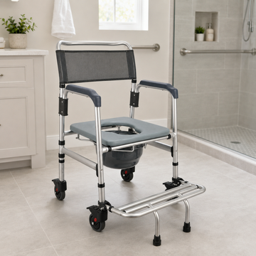 Shower commode chair placed in a tiled walk-in shower room