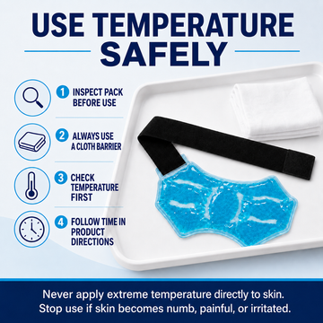 Safety instructions for gel pack: inspect pack, use cloth barrier, check temperature first, and follow recommended time