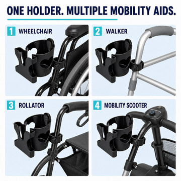 Universal cup holder compatibility demonstration on wheelchair, walker, rollator, and mobility scooter