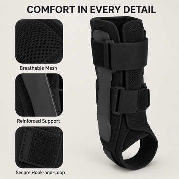 Close-up details of breathable mesh, reinforced support, and secure hook-and-loop of ankle brace