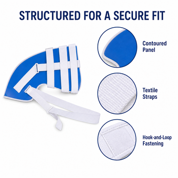Close-up view of shoulder brace components showing contoured panel texture, textile straps, and hook-and-loop fastening