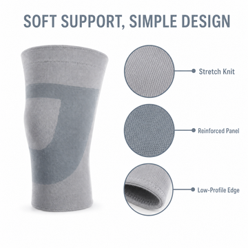Detailed close-up of stretch knit fabric, reinforced knee zone, and low-profile edge of grey knee sleeve