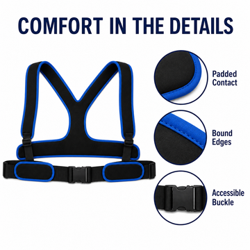 Detailed view of wheelchair harness features including padded contact, bound edges, and accessible buckle