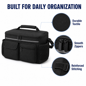 Detail view of mobility bag showing durable textile material, smooth zippers, and reinforced stitching