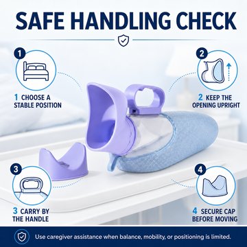 Safe handling guide for female urinal: choose stable position, keep opening upward, carry by handle, and secure cap