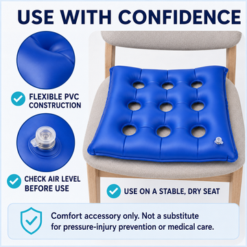 Inflatable seat cushion placed on dining chair highlighting flexible PVC construction and secure air valve