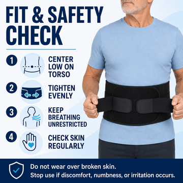 Fit and safety guide for back brace: center low on torso, tighten evenly, keep breathing unrestricted, and check skin regularly
