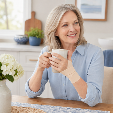 Senior woman sitting at home holding a mug while wearing a beige wrist support strap