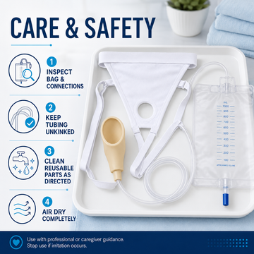 Care and safety guide for urine collection kit: inspect connections, keep tubing unkinked, clean reusable parts, and air dry