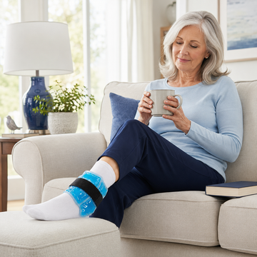 Woman relaxing on couch wearing blue gel ice pack wrap around her ankle for pain relief