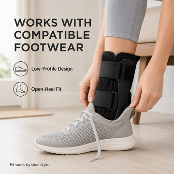 A person wears a black low-profile ankle brace inside a grey athletic sneaker