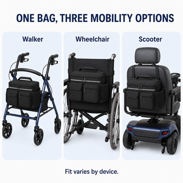Demonstration of black storage bag mounted on walker, wheelchair, and mobility scooter