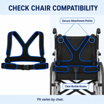 Compatibility diagram showing secure attachment points and buckle access on a standard wheelchair back