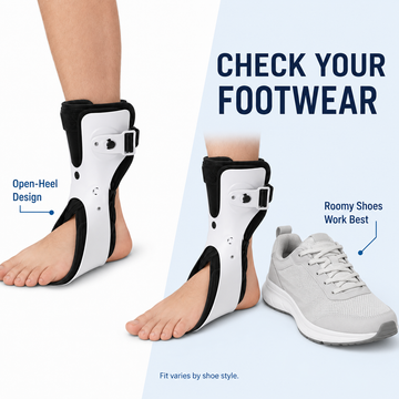 Demonstration of wearing white rigid ankle brace with bare feet and compatible roomier shoes