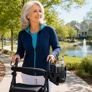 Senior woman walking outdoors with a rollator walker equipped with 2-in-1 cup and phone holder