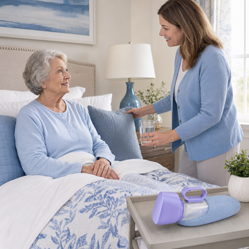 Caregiver assisting elderly woman lying in bed with a purple portable female urinal on the bedside table
