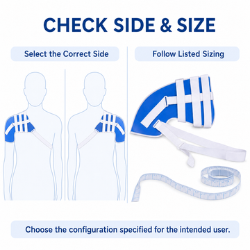 Selection guide for shoulder brace showing left or right shoulder configuration and chest measurement