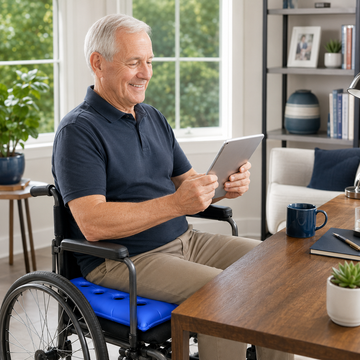 Senior man sitting comfortably in wheelchair using blue inflatable air seat cushion while using a tablet