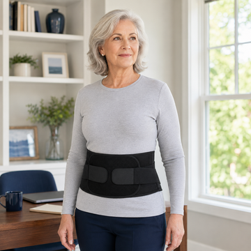 Woman standing comfortably indoors wearing black lower back support belt over grey long-sleeve shirt