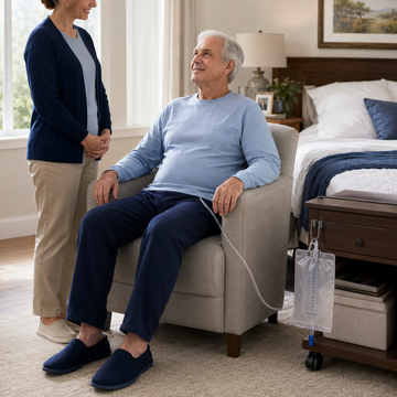 Senior man sitting in a chair at home with caregiver using discreet wearable urine collection bag system