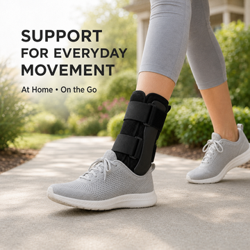 Active individual walking outdoors with grey sneakers and black ankle brace for movement support