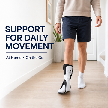 Man walking indoors with white rigid ankle brace providing daily support and mobility