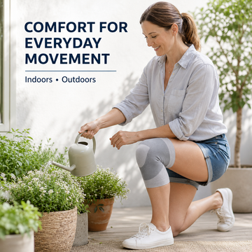 Woman kneeling and gardening outdoors comfortably with grey knit knee support sleeve