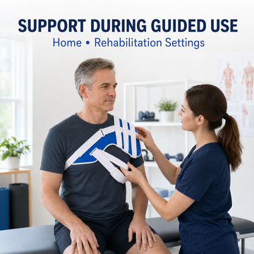 Physical therapist helping man fit and adjust blue shoulder immobilizer brace during rehabilitation session