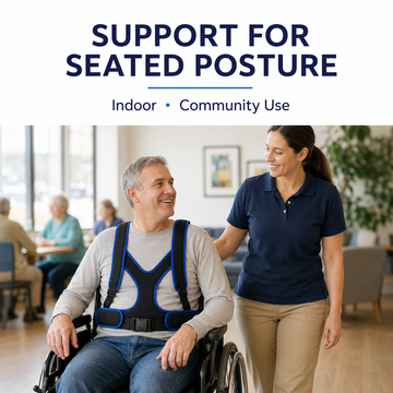 Man in wheelchair using chest harness for seated posture support while assisted by a caregiver