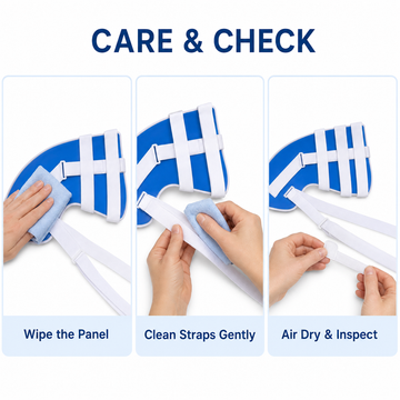 Care instructions for shoulder brace: wipe panel, clean straps gently, and air dry before inspection