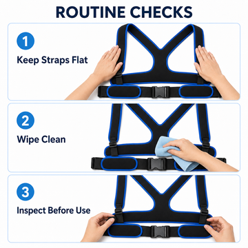 Routine care guide for wheelchair harness: keep straps flat, wipe clean with cloth, and inspect before use