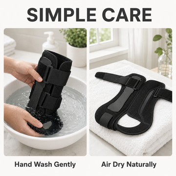 Care instructions showing how to gently hand wash and air dry naturally the ankle brace